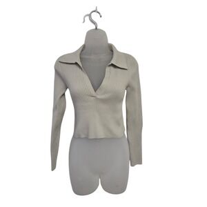 Babaton Aritzia‎ Ribbed Long Sleeve Polo V-Neck Sweater Beige Womens Size M